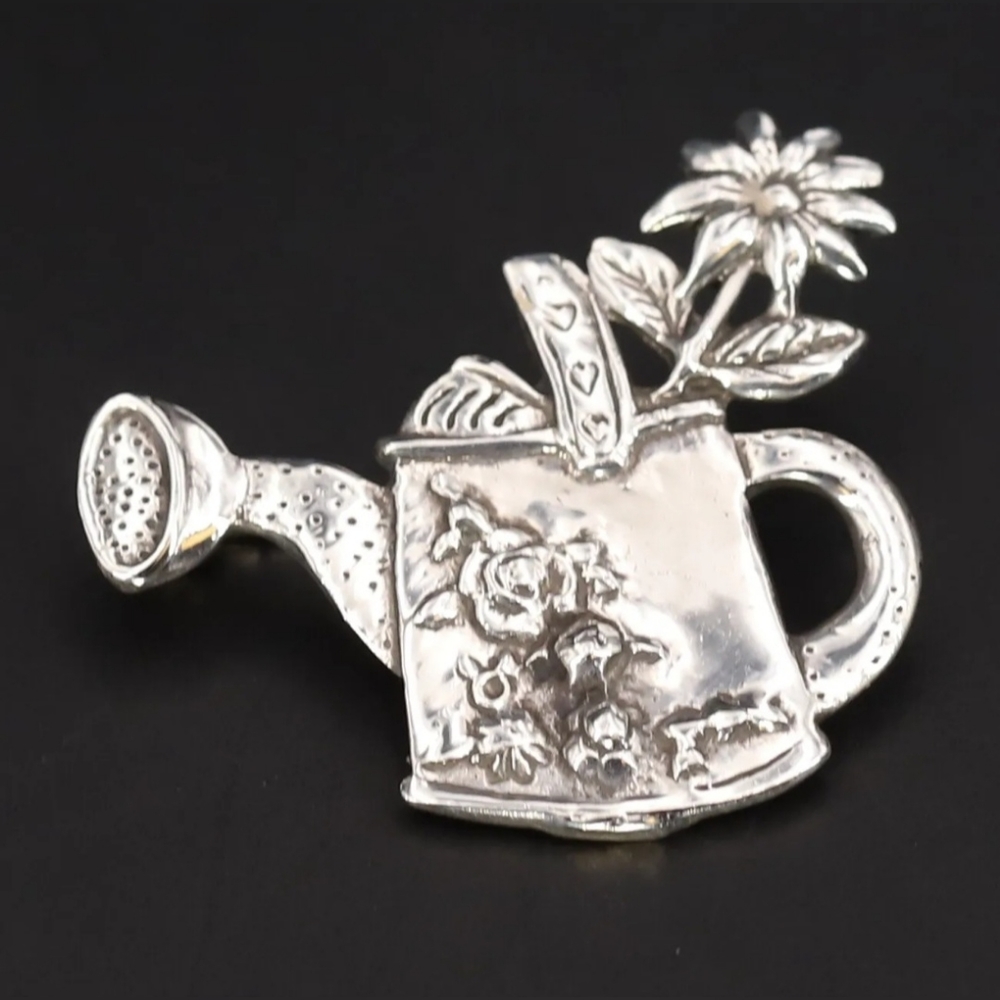 Vintage Sterling Silver MARY ENGELBREIT MEINK Watering Can Flowers Brooch Pin 7g